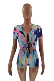 Multicolor Fashion Casual Print Hollowed Out V Neck Skinny Romper