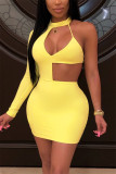 Pink Fashion Sexy Solid Hollowed Out O Neck Long Sleeve Dress