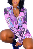 purple Street Print O Neck Long Sleeve Short Two Pieces