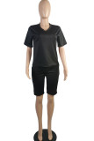Black venetian Casual Two Piece Suits Solid pencil Short Sleeve Two-Piece Short Set