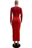 Red Sexy Casual Solid V Neck Pencil Skirt Dresses