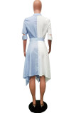 Blue Polyester Sexy Fashion Cap Sleeve Short Sleeves V Neck Asymmetrical Knee-Length Print asymmetrical P