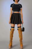 Black Casual Solid Patchwork O Neck Tops