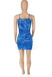 Blue Sexy Print Patchwork Spaghetti Strap Pencil Skirt Dresses