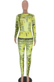 Yellow Sexy zipper letter Print Polyester Long Sleeve O Neck Jumpsuits
