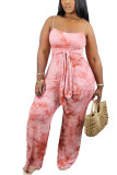 Pink Fashion Casual Tie-dyed Sleeveless Slip Jumpsuits