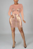Pink Sexy Print Patchwork O Neck Pencil Skirt Dresses