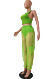 Green Fashion Casual adult Patchwork Solid Mesh perspective Two Piece Suits Loose Sleeveless Two Pieces