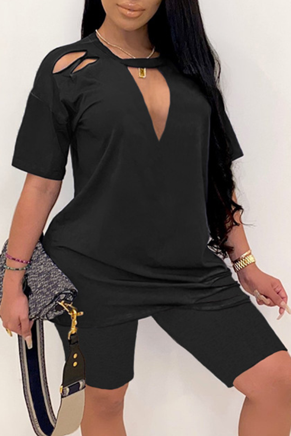 Black Casual Solid Patchwork O Neck Short Sleeve Two Pieces