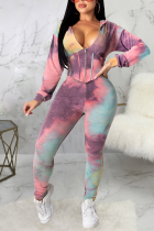 multicolor Sexy Tie-dye Hooded Collar Long Sleeve Two Pieces