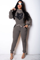 Grey Velvet Drawstring Long Sleeve Mid Sequin Print Patchwork Straight Pants Two-piece suit