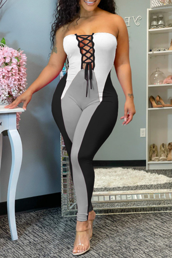 Black Fashion Sexy Patchwork Backless Strapless Skinny Jumpsuits