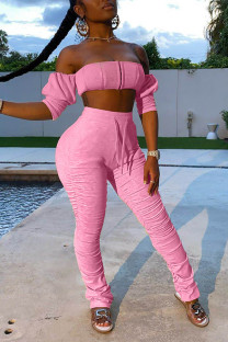 Pink Polyester Fashion Sexy adult Patchwork Solid backless Draped Bandage Two Piece Suits pencil Nine Sleeves Two Pieces