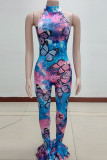 multicolor Fashion Sexy Print Backless Sleeveless O Neck Jumpsuits