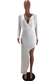 White Sexy Print Split Joint V Neck Irregular Dress Dresses