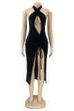 Red Fashion Sexy Solid Hollowed Out Backless Slit Halter Sleeveless Dress