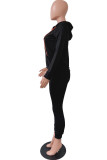 Black Sexy Casual Blends Solid Draw String Pocket Hooded Collar Long Sleeve Regular Sleeve Regular Two Pieces