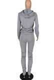 Grey Fashion Casual Adult Twilled Satin Solid Split Joint Draw String Hooded Collar Long Sleeve Regular Sleeve Regular Two Pieces
