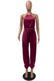 Red Sexy Solid With Belt Halter Loose Jumpsuits