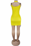 Yellow Polyester Sexy Street Spaghetti Strap Sleeveless Slip Pencil Dress skirt Print bandage Club Dresses