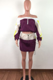 purple Polyester Fashion adult Ma'am Street Geometric Patchwork Two Piece Suits A-line skirt Long Sleeve Two Pieces