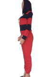 Red Polyester OL Striped Patchwork Print pencil Long Sleeve Two Pieces