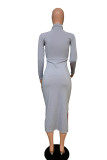 Grey Sexy England Long Sleeves Turtleneck Asymmetrical Mid-Calf Patchwork Solid split Dresses