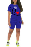 Royal blue Polyester Fashion Active adult Ma'am Print Two Piece Suits pencil Short Sleeve Two Pieces