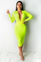 Fluorescent green Polyester Casual Cap Sleeve Long Sleeves V Neck A-Line Mid-Calf Solid Club Dresses