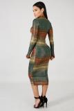 multicolor adult Street Fashion Cap Sleeve Long Sleeves O neck Step Skirt Mid-Calf Print Striped Lon