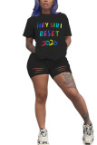 Black venetian Fashion adult Ma'am Street Letter Burn-out Two Piece Suits pencil Short Sleeve Two Pieces