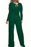 Green Fashion Sexy Adult Polyester Solid Draw String O Neck Loose Jumpsuits
