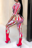 Red Sexy Print Bandage Turndown Collar Three Quarter Two Pieces