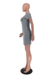 Silver Gray Fashion Casual Print Basic O Neck Short Sleeve Dress