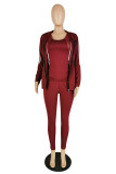 Wine Red Casual Solid Patchwork Long Sleeve Two Pieces
