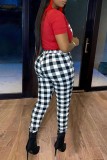 Red Casual Plaid Lips Printed Patchwork O Neck Short Sleeve Two Pieces