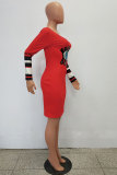 Red Fashion Long Sleeves O neck Slim Dress Knee-Length Print Sequin Patchwork Long Sleeve Dresses
