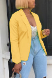 Yellow Notched Solid Pure Long Sleeve Outerwear