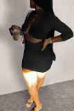 Black Fashion Sexy Solid Hollowed Out Turtleneck Short Dresses