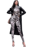 Black Polyester Sexy Two Piece Suits Patchwork Striped pencil Long Sleeve Two-piece Pants Set