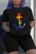 Black Fashion Casual Print Basic O Neck Short Sleeve Two Pieces