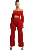 Red Sexy Patchwork Solid Ruffled Polyester Long Sleeve one word collar Jumpsuits