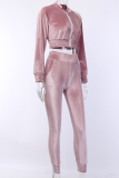 Pink Casual Solid Patchwork V Neck Long Sleeve Two Pieces