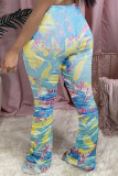 Blue Casual Print Mid Waist Speaker Bottoms