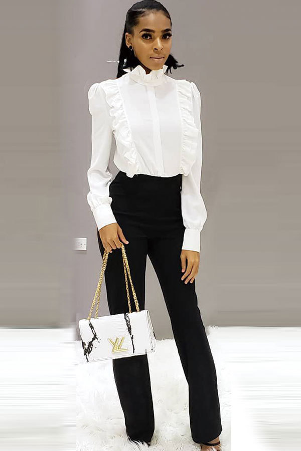 White O Neck Long Sleeve ruffle Solid Patchwork Blouses & Shirts