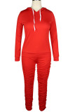 Red Fashion Sexy Adult Polyester Solid Split Joint Fold Hooded Collar Long Sleeve Regular Sleeve Regular Two Pieces