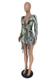 Light Green Fashion Sexy Print Strap Design V Neck Long Sleeve Dresses