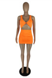 Orange Sexy Solid Hollowed Out Fold V Neck Vest Dress