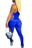 Blue Fashion street Patchwork Milk. Sleeveless Slip Jumpsuits