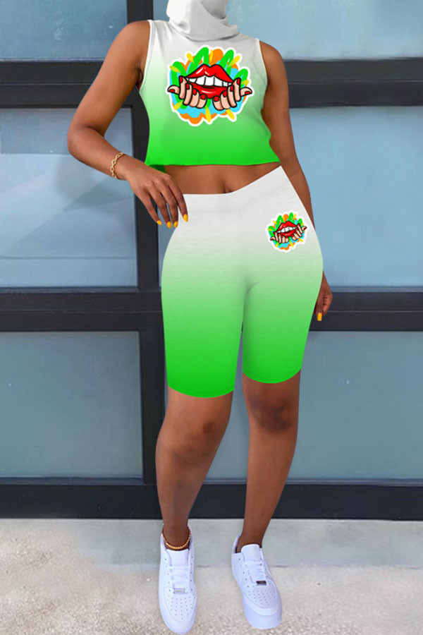 Fluorescent green Fashion OL Patchwork Print Two Piece Suits Lips Print pencil Sleeveless Two Pieces